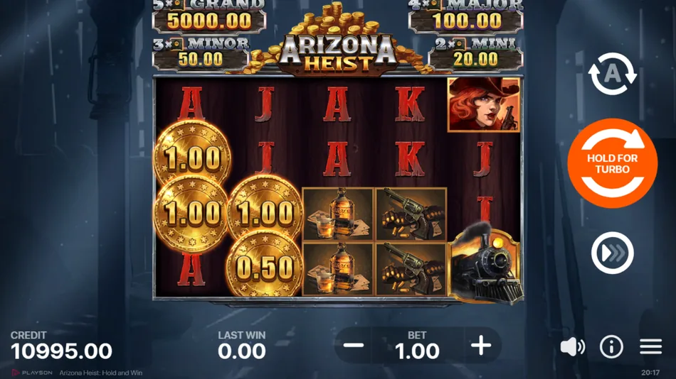 Arizona Heist slot base game 5x4 grid with full symbol set and bet panel
