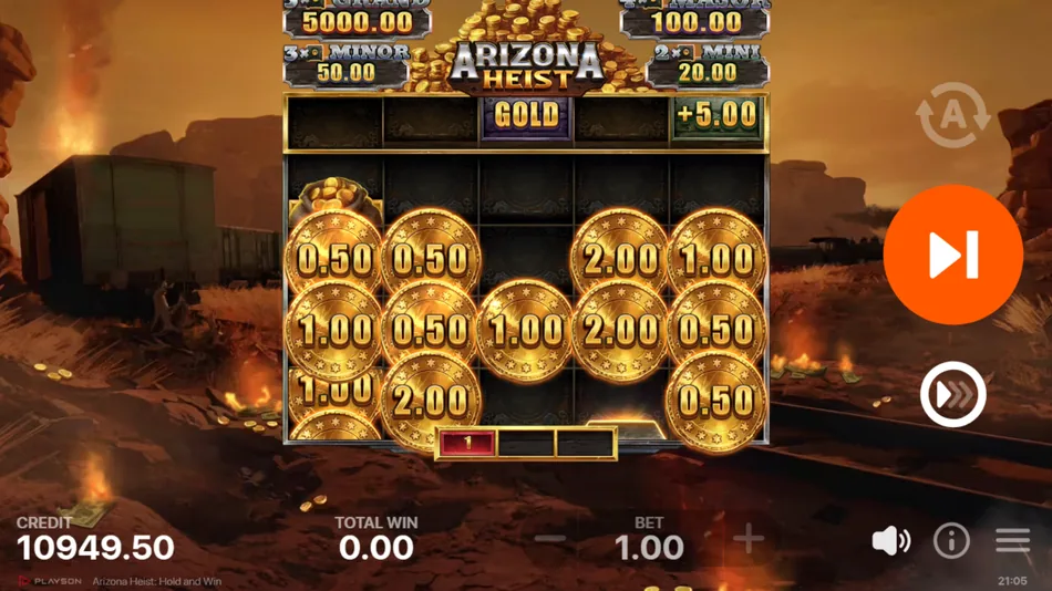 Arizona Heist Hold and Win Bonus Game sticky symbols on 5x4 grid