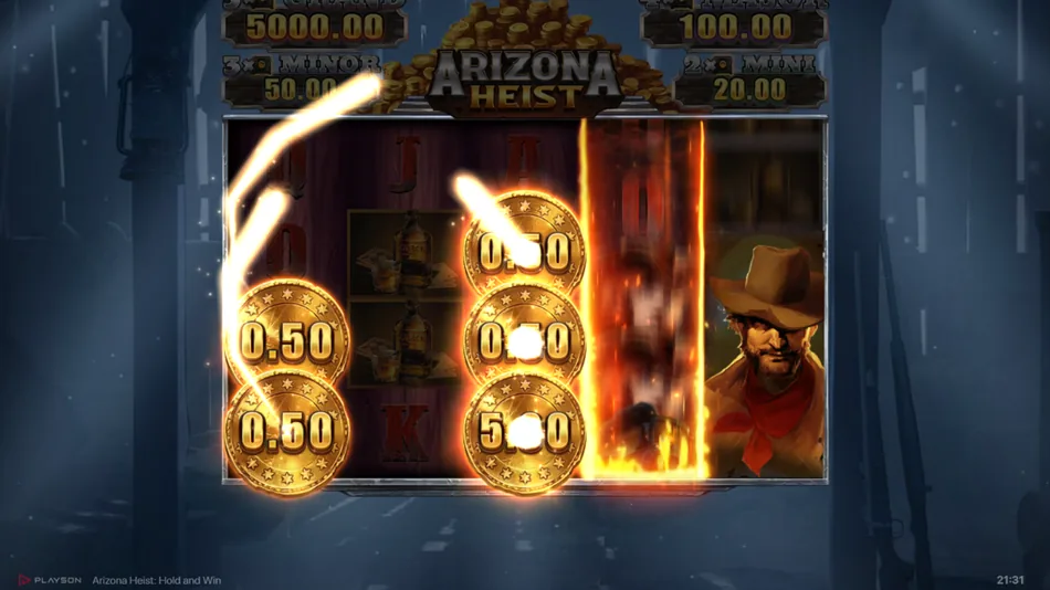 Arizona Heist slot Free Spins round with Wild multiplier x5 active on screen